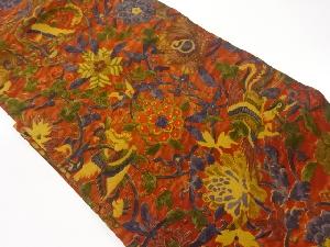 縮緬地花唐草に鳥模様名古屋帯